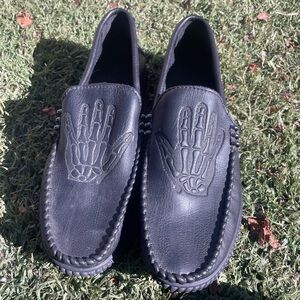 Black Slip-On Men's Loafers with Skeletal Hand Motif | Size 42 / 8.5-9